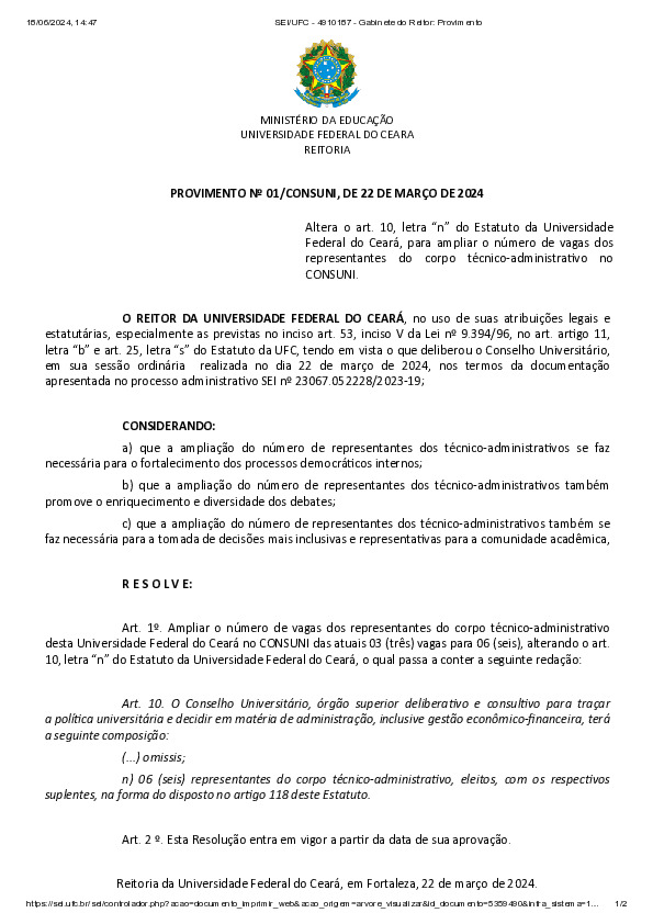 Provimento nº 01/CONSUNI, de 23 de março de 2024 - NormaDigital UFC